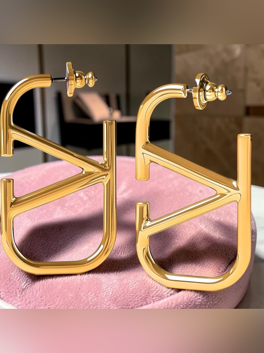14K Gold Tone Geometric V Letter Earrings | Luxury Statement Hoops 💛✨